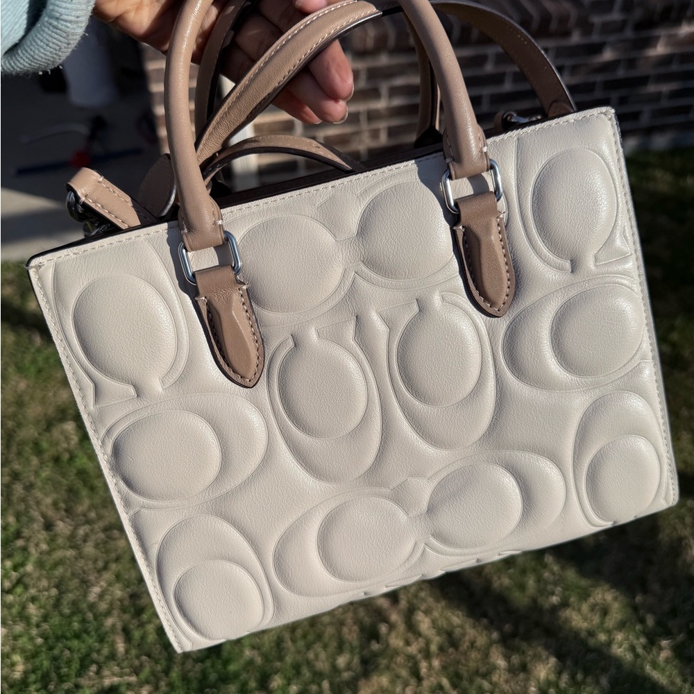 Coach Maggie Small Chalk/Taupe Signature Embossed Leather Tote - Picture 2 of 10